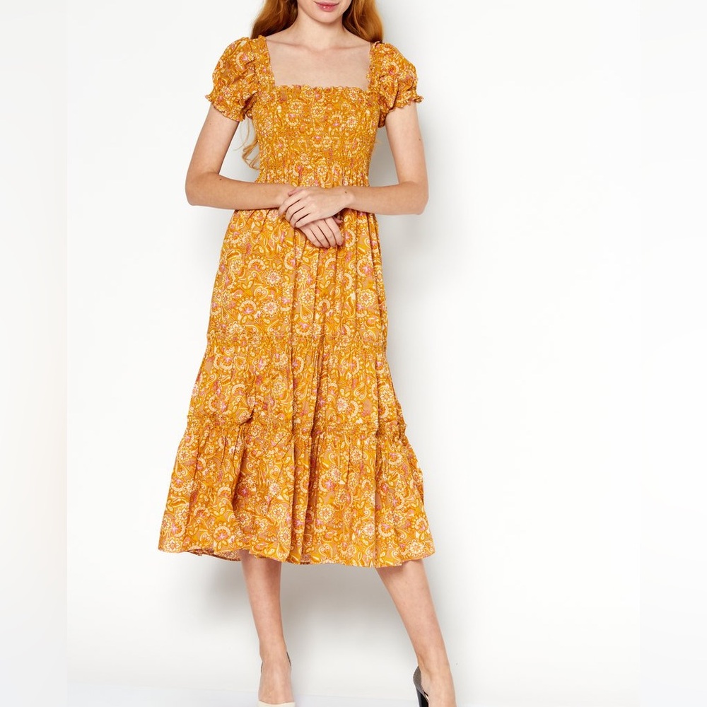 NWOT Caara Small Square Neck Short Sleeves Printed A-Line Yellow Dress
